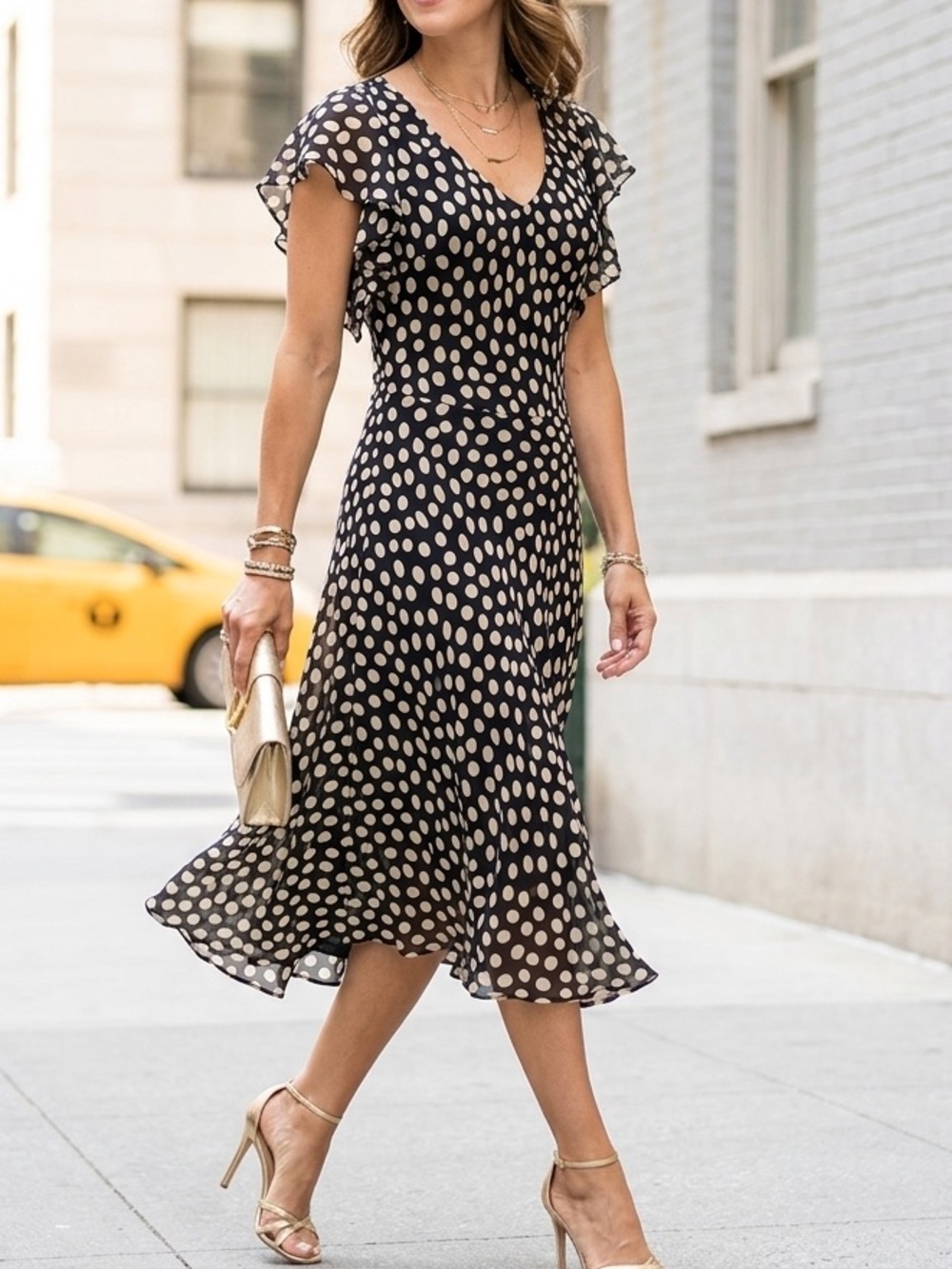 Georgiou Studio 100% Silk Polka Dot Midi Dress 8 Flutter Sleeve Romantic Y2K
